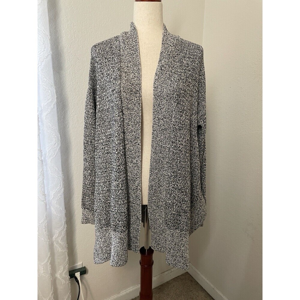 Lou & Grey Women’s M/L Open Front Long Knit Cardigan Cozy Black White SoftWear